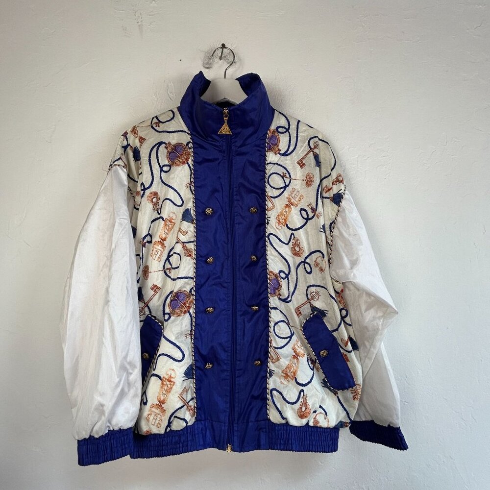 Vintage 90s Casual Isle Bomber Jacket Womens Medium Gold Chain Print Blue White